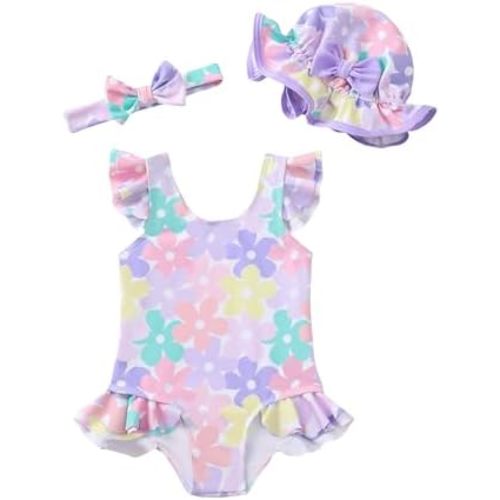 Renotemy Traje de baño de una pieza para bebé niña con sombrero para el sol, traje de playa de verano para niñas 3M-3T