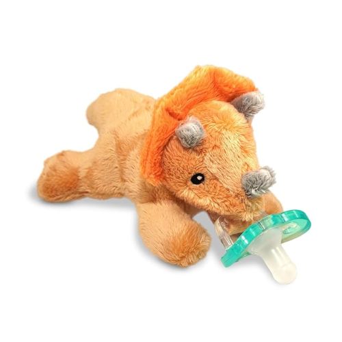 RaZbaby RaZbuddy Stuffed Animal Pacifier Holder for Newborns & Up, Made in the USA, Detachable Orthodontic JollyPop Pacifier, Medical-Grade 100% BPA-Free Silicone, Baby Shower, 0 Months+ (Triceratops)
