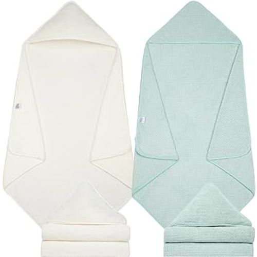Baby Hooded Towels, 2 Pack Baby Towels Set, Super Soft Bath Towel, Shower Gifts for Infant, Toddler,Newborn Essentials (35 X 35 Inch,White & Light Green)