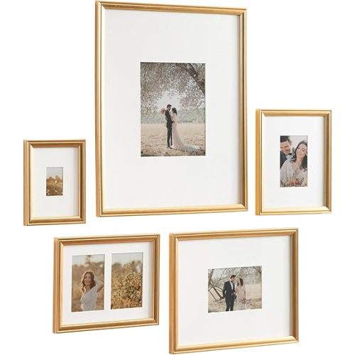 Kate and Laurel Adlynn Traditional Picture Frame Set, Set of 5, Varying Sizes, Vintage Gold, Classic Wall Frame Set Collection with Hanging Template for Gallery Wall Picture Frame Display