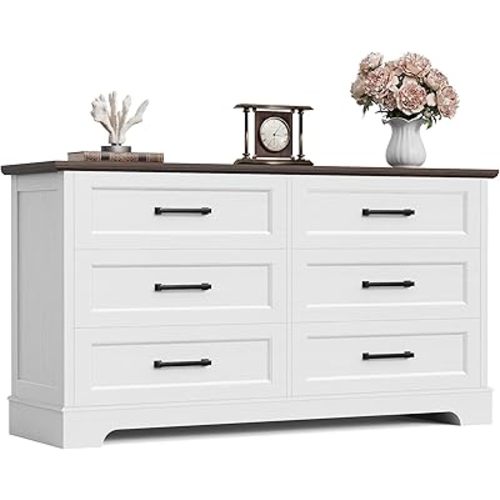 Furmax Farmhouse Dresser for Bedroom, 6 Drawers Dresser, Wood Chest of Drawers, 52" Wide Storage Dressers Organizer for Bedroom, Living Room, White and Brown
