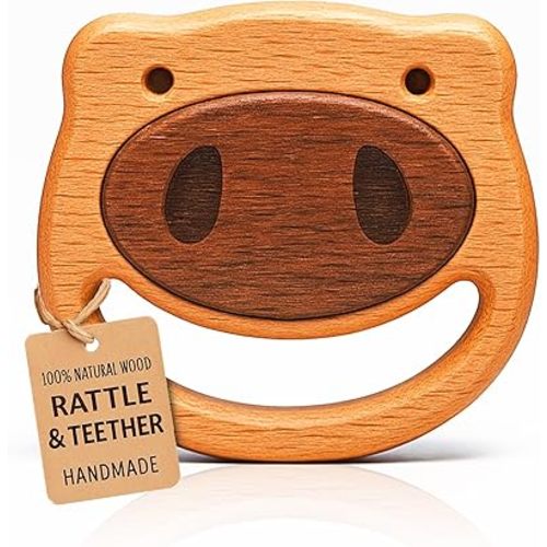 HippoToys Wooden Baby Rattle for 0 to 12 Months | No Paint, No Plastic, No Toxins | Montessori Inspired Natural Baby Toy | Calm Muted Sound | 100 Percent Natural Beechwood | Ideal for Baby Gifting