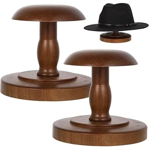 2PCS Vintage Wooden Hat Rack Stand, Rustic Hat Rack Display Stand, Brown Tabletop Cap Hats Rack Organizer with Wig Holder Display for Closet, Home Decor Display for Closet Dresser Home Decor Man Cave