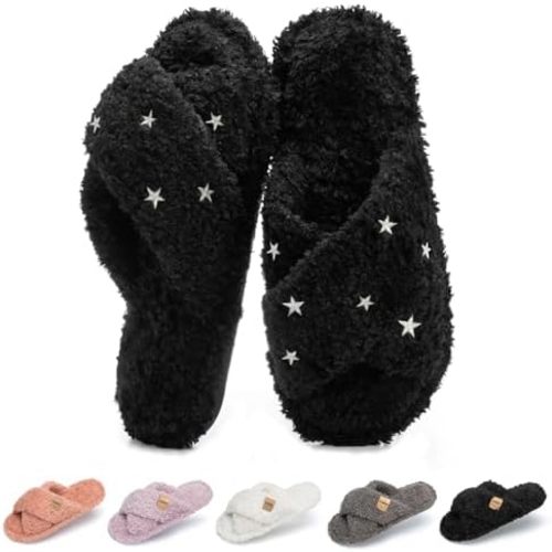 Fuzzy Open Toe Slippers for Women Indoor and Outdoor with Memory Foam Cozy Cross Band Women's Slipper Cute Soft House Shoes Slip On Gifts for Womens Mom Her Ladies Bridesmaid