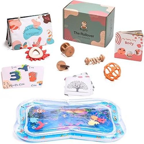 Montessori Toy Set 3-4 Month Infant Toys - Tummy Time Activity Mirror, Water Mat, Sensory Wooden Rattles, Black and White Cards, OBall, Baby Body Board Book, Newborn Gifts Basket