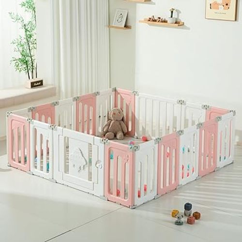 Bestgame Baby Play Pen, Foldable Play Pens for Babies and Toddlers, 18 Panels Extra Large Baby Playpen, UFO Portable Fence, Kids Gate Playpen Yard - Pink