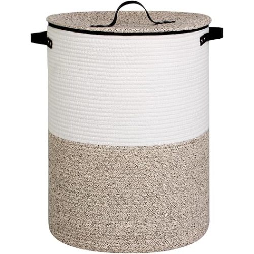 Laundry Basket with Lid, 15" x 20" Tall Woven Blanket Storage for Living Room, Round Cotton Rope Nursery Hamper with Zipper, Lidded Kids Toy Bin, Large Decorative Basket with Cover, Brown