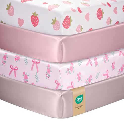 Baby Crib Sheets Girl, Toddler Bed Sheets Fitted for 52x28 Inch Standard Crib Mattress for Baby Girls, Set of 4 Super Soft Breathable Microfiber, Strawberry, Bow Flower, Pink & Dusty Pink