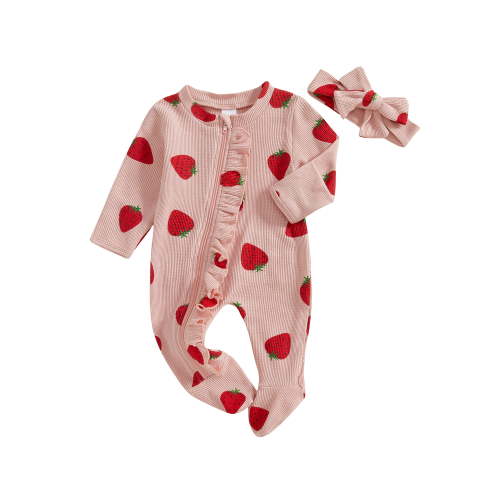 ZINTAOZT Baby Girls Ruffle Footie Romper Strawberry Print Long Sleeve Jumpsuit Headband Set Newborn Coming Home Outfit