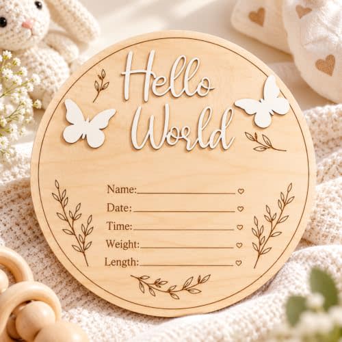 Hello World Baby Announcement Wooden Welcome Baby Sign White Hello World Newborn Sign Birth Announcement Sign with Butterfly Welcome Baby Name Sign for Hospital Photo Prop Nursery Decor Keepsake Gift