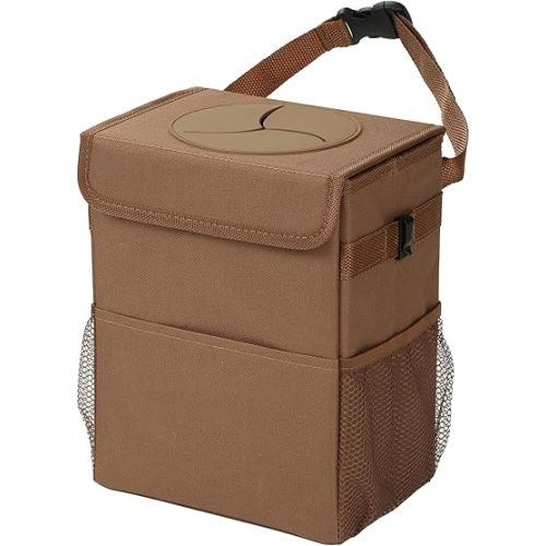 Car Garbage can with lid Leak Proof Vehicle Trash Can 3 Storage Pockets Hanging Waterproof car Trash Bag for SUV Brown