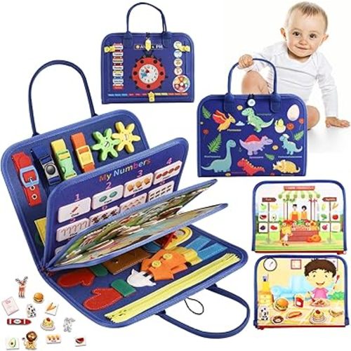OFIKAL Busy Board Bag for Toddler with Zipper Removable 5 Page, Sensory Activity Developing Board Toys for Preschool, Quiet Book Educational Toys, Montessori Learning Early Education Travel Toy(Blue)