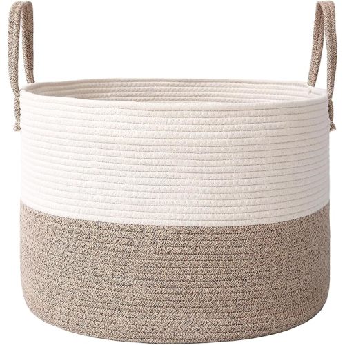 Woven Blanket Basket,65L Large Rope Storage Bin with Handles, Organizer for Blankets Toys Book and Clothes, Laundry Basket for Living Room Bedroom Nursery,White&Brown