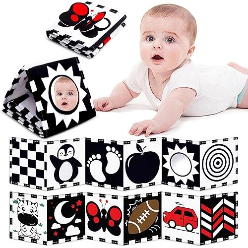 Tummy Time Baby Toys for Newborn 0-6 Months, Double-Sided High Contrast Black and White Baby Book with Mirror, Montessori Sensory Crinkle Soft Toys for Infant Brain Development 0-12 Months