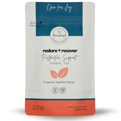 Momstead Restore and Recover Postpartum Support Herbal Tea | Tropical Vanilla Flavor | Nursing Friendly | Postpartum Recovery