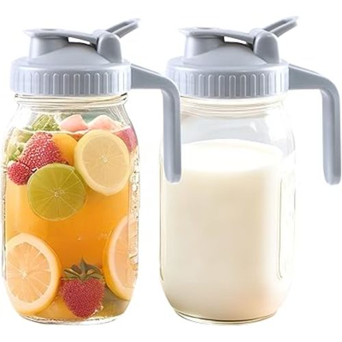 Mason Jar Pitcher With Pour Lid 32 Oz Glass Breast milk Storage Jug 1 Quart Wide Mouth Glass Tea Pitcher With Handle Creamer Container For Fridge Juice, Cold Brew Coffee,Lemonade,Beverage 2 Set