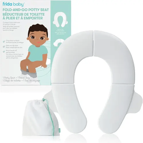 Frida Baby Fold-and-Go Potty Seat for Toilet, Foldable Travel Potty Seat for Toddler, Fits Round & Oval Toilets, Non-Slip Base, Handles, Includes Free Travel Bag