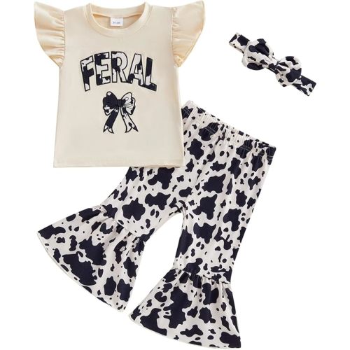 Infant Toddler Baby Girl Western Clothes Fly Sleeve Shirts + Cow Print Flare Pants + Headband 3Pcs Summer Outfits
