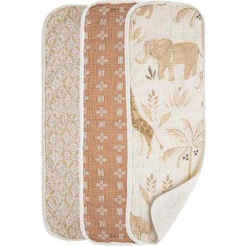 Crane Baby Muslin Baby Burp Cloths, Lightweight Absorbent Burp Cloth, Safari Animal, Set of 3, 7" x 20", Newborn Baby Essentials, Burp Cloths Baby Boy, Burp Cloths Baby Girl, Baby Newborn Essentials