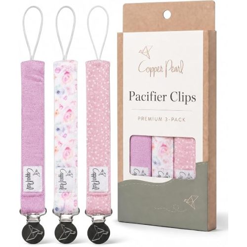 Copper Pearl Premium Knit Pacifier Clips 3-Pack: Stylish Stainless Steel Holders for Baby Girls and Boys - Prevents Floor Drops - Bloom Design