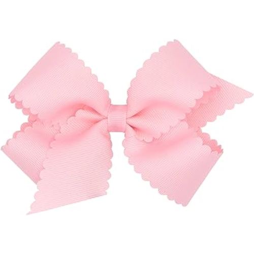 Wee Ones Girls' Classic Grosgrain Hair Bow with Scalloped Edges and Plain Wrap Center on a WeeStay Hair Clip, Medium, Light Pink