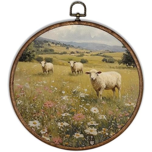 XBBMGG Rustic Sheep Wildflower Wall Art Decor, Farmhouse Farm Animal Lamb Round Wall Hanging Decor, Spring Country Landscape Framed Canvas Prints for Home Kitchen Bathroom Decorations, 10x10inch