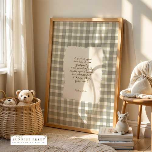 I am Fearfully and Wonderfully Made Print Digital Psalm 139:14 Gingham Poster Neutral Boy Nursery Scripture Art Religious Babyshower Gift