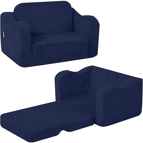 MeMoreCool Kids Couch, 2-in-1 Corduroy Foldable Sofa Chair, Navy Blue