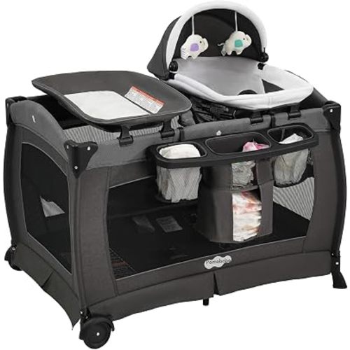 Pamo Babe Pack and Play 4-in-1 Baby Playard with Bassinet & Changing Table, Foldable Portable Playpen with Mattress, Travel Crib for Newborn to Toddler 0-36M-Black