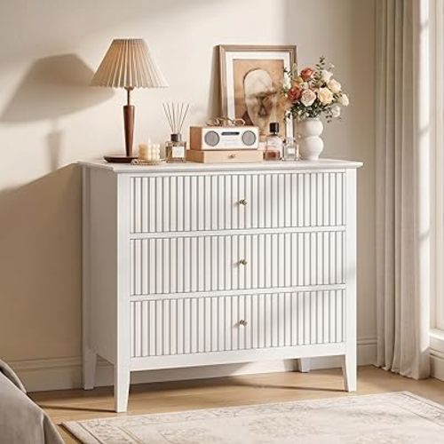 RoyalCraft White Fluted 3 Drawer Dresser, 32 inch Wide Dresser Nightstand for Bedroom, Modern Wood Chest of Drawers, Large Painted Nightstand with 3 Drawers for Closet, Hallway, Entryway