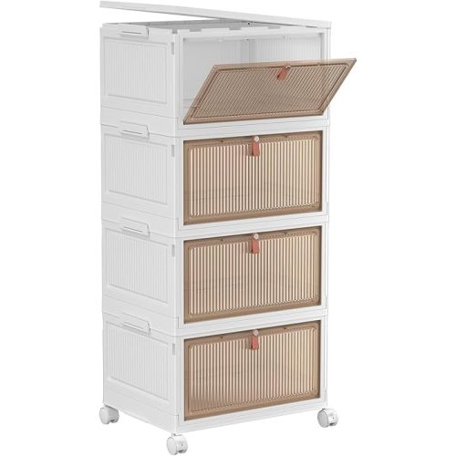 4 Tier Plastic Storage Bins with Lid 28QT - Stackable Storage Containers with Wheels, Folding Storage Boxes, Collapsible Storage Bins, Organizers and Storage