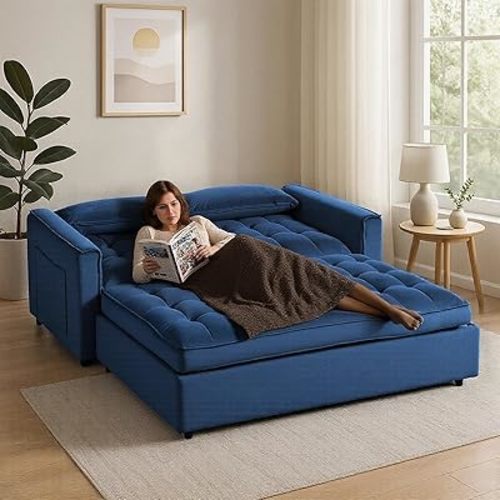 3-in-1 Convertible Sleeper Futon Sofa Bed - Blue Velvet Loveseat Modern Pull Out Couch Bed with 3-Level Adjustable Backrest, Space-Saving Pull-Out Design, Easy Assembly for Small Spaces
