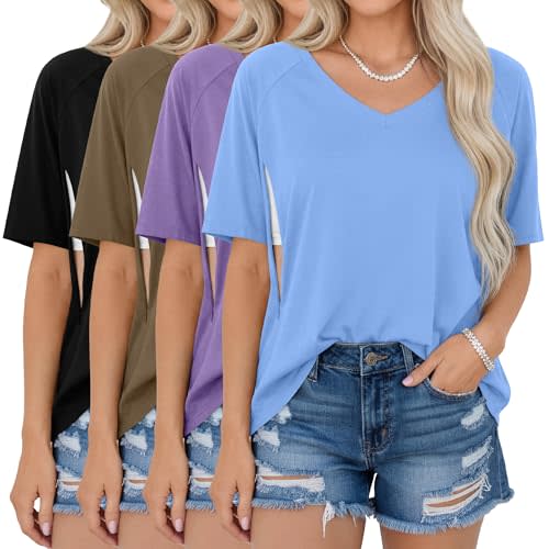 4 Pack Women's Oversized Nursing Shirts for Breastfeeding Hidden Zipper Short Sleeve Loose Fit Maternity Tops