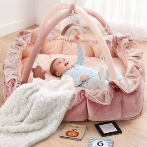 5-in-1 Convertible Baby Play Gym, Baby Play Mats for Floor, Tummy Time Mat with Blanket and 6 Sensory Toys, Baby Activity Center from Newborn to Toddler, Ball Pit, Plush Pet Mat(Pink)