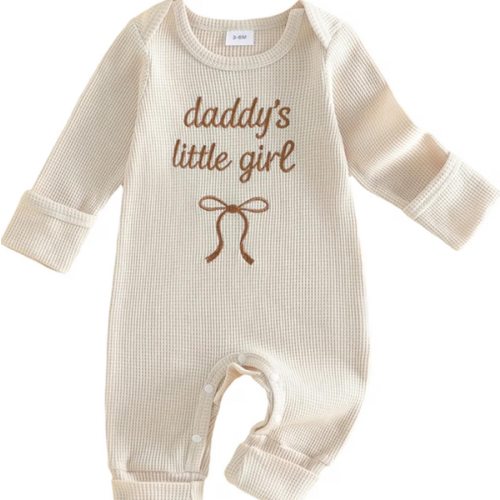 allshope Infant Baby Girl Fall Outfit Sweatshirt Romper Daddy Little Girl Embroidery Jumpsuit Bodysuit Newborn Waffle Clothes