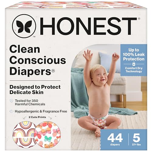 The Honest Company Comfort Dry Disposable Daytime Diapers for Sensitive Skin, Hypoallergenic, Fragrance-Free, Wingin' It + Catching Rainbows, Club Box Size 5 (27 lbs), 44 Count