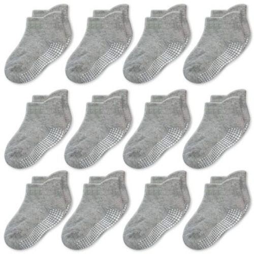Cozyway Non-Slip Ankle Style Socks with Grippers, 12 Pack for Baby Boys and Girls, Solid Gray, 0-6 Months, Unisex