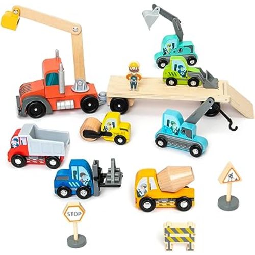 Wooden Construction Site Vehicles with Trailer 14 PCS Set, Vehicle Toys Cars for Toddlers and Kids Ages 3+ Gifts for Boys Girls, Compatible with Thomas and Other Major Brand Train Toy and Railway Set