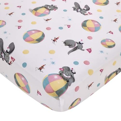 Disney Vintage Dumbo - Gray, White and Multi-Colored Circus Flags, Balls and Timothy Mouse Nursery Fitted Crib Sheet