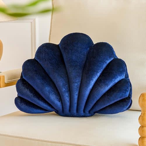 Lfsaaj Navy Blue Seashell Throw Pillows, Shell Shaped Throw Pillows, 13 Inch Soft Velvet Home Decorative Pillow Plush Cushion for Bed Couch Living Sofa Room Decor Accent Throw Pillow
