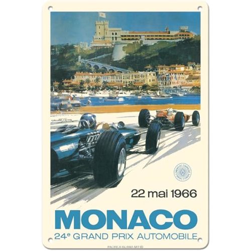 Car Poster Metal Tin Sign 8x12 In | 24th Monaco Grand Prix 1966 Vintage Poster by Michael Turner | Made in USA | Classic Wall Art Print for Home Decor