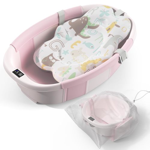 Collapsible Baby Bathtub - Large Baby Bath Tub with Thermometer & Cushion | Travel Portable Newborn Infant Bathtub | Foldable To