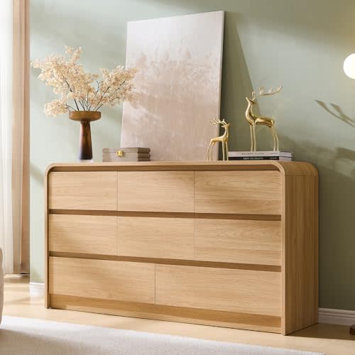 Aitjunz Modern 8 Drawers Dresser for Bedroom, 55" Wide Dressers & Chest of Drawers w/Curved Profile Design, Wood Mid Century Storage Dressers Organizer for Bedroom, Living Room, Natural Oak