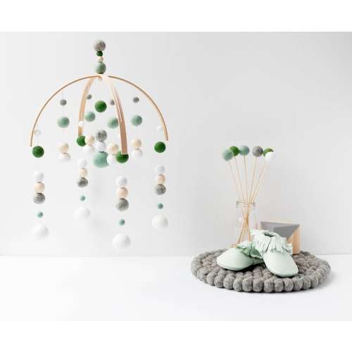 Mint Green and Grey Baby Mobile - Gender Neutral Felt Pom Pom Crib Mobile - Wool Ball Nursery Cot Mobile - Wooden Arch Ceiling Mobile Decor