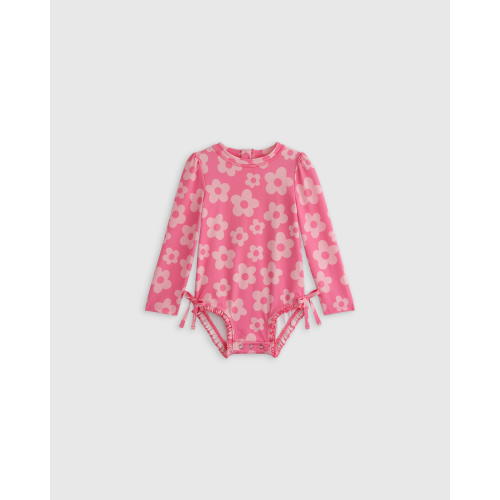 Long Sleeve Tie One-Piece Swimsuit - Baby in Pink Daisy