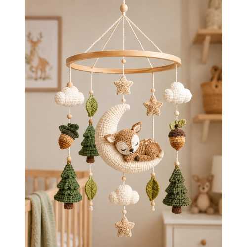 Crochet Deer Baby Mobile, Sleeping Fawn Moon Crib Mobile, Woodland Forest Nursery Decor, Neutral Baby Shower Gift