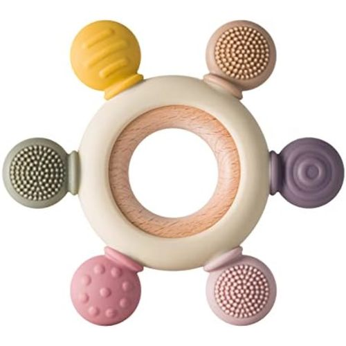 Baby Teething Toys Silicone Teethers BPA Free Silicone Rudder with Wooden Ring Soothe Babies Gums (Khaki)