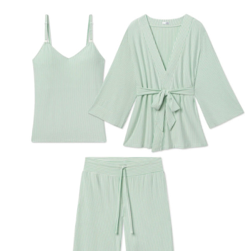 LAKE | Women | DreamModal™ Pajamas | Parisian Green Pencil Stripe Maternity Kimono Bundle