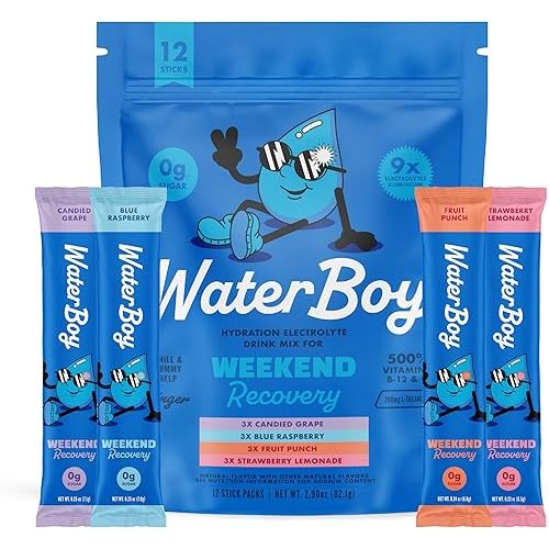 Waterboy Weekend Recovery Sample Pack | 3,200mg Electrolyte Powder Packets | Ginger + L-Theanine + Vitamins | No Sugar, All Natural, Gluten Free | 12 Drink Stick Mixes (Sample Pack)