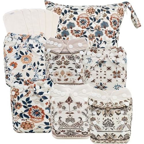 babygoal Boho Newborn Cloth Diapers Pack of 13 for 5-12lbs Preemie, Cloth Diaper Covers 6 Pack with 6pcs Inserts and Wet Bag, Reusable Washable & Waterproof, 6SFG49-SMB-B